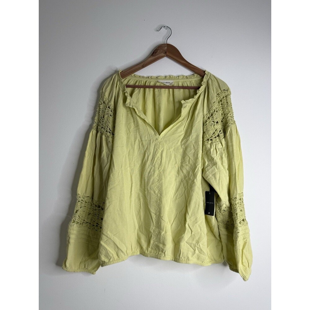 NWT Lucky Brand Lime Green Peasant Boho Blouse Women’s XL Crochet Lace Top